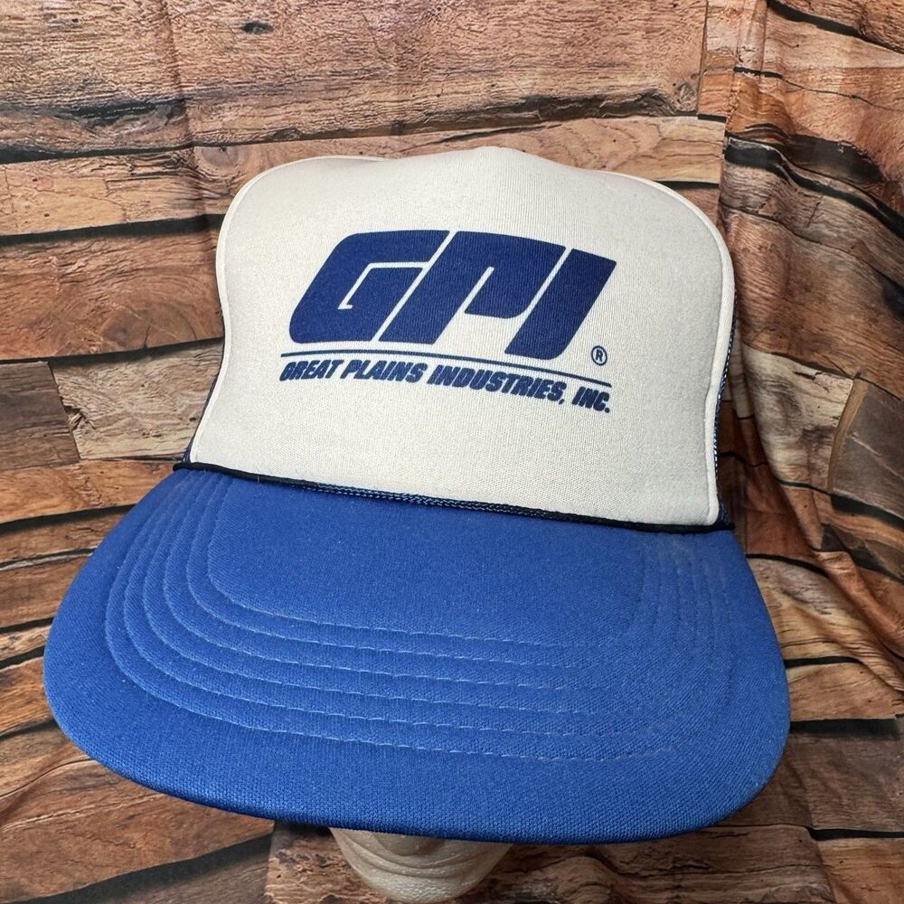 Vintage Great Plains Industries GPI Trucker Hat Cap Blue White Mesh Snapback